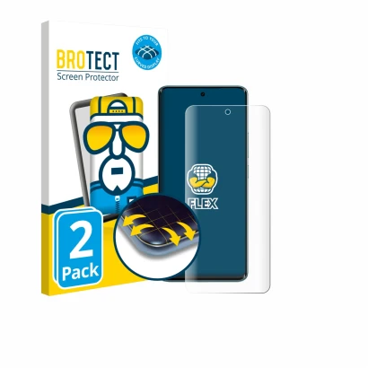 Front side of a product packaging with the brand logo BROTECT. Next to it is the device Xiaomi Poco M8 shown with the correspo