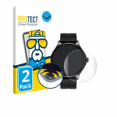 Front side of a product packaging with the brand logo BROTECT. Next to it is the device HMD Watch X1 shown with the correspond