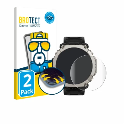 Front side of a product packaging with the brand logo BROTECT. Next to it is the device Huami Amazfit T-Rex Ultra 2 shown with