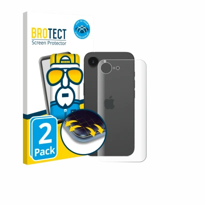 Front side of a product packaging with the brand logo BROTECT. Next to it is the device Apple iPhone 17e (Back) shown with the