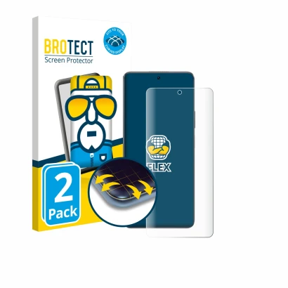 Front side of a product packaging with the brand logo BROTECT. Next to it is the device Huawei Enjoy 60 Pro shown with the cor
