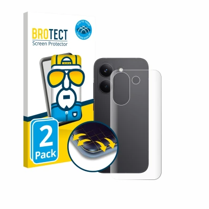 Front side of a product packaging with the brand logo BROTECT. Next to it is the device Xiaomi Poco X8 Pro (Back) shown with t