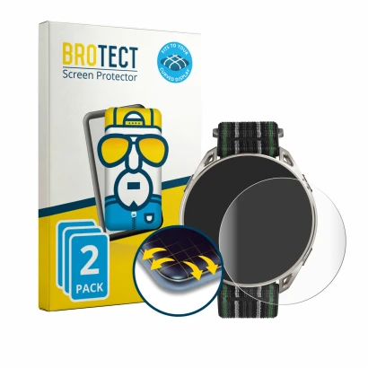 Front side of a product packaging with the brand logo BROTECT. Next to it is the device Amazfit Cheetah 2 Ultra shown with the