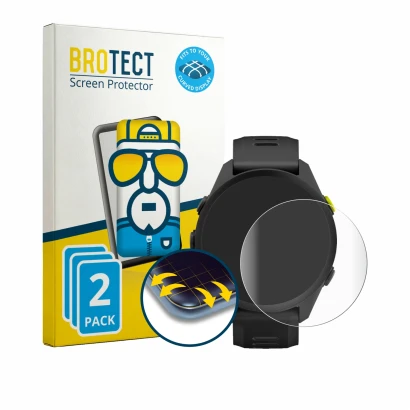 Front side of a product packaging with the brand logo BROTECT. Next to it is the device Garmin Forerunner 70 shown with the co