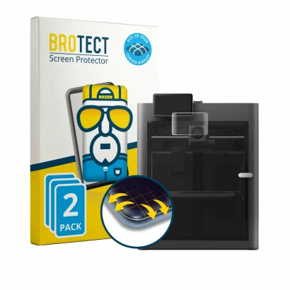 Front side of a product packaging with the brand logo BROTECT. Next to it is the device Bambu Lab X2D shown with the correspon