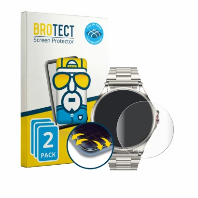 Front side of a product packaging with the brand logo BROTECT. Next to it is the device Huawei Watch Buds 2 shown with the cor