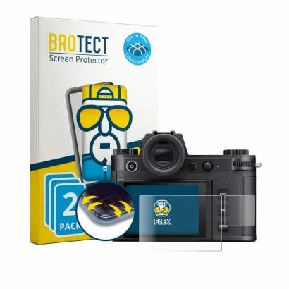 Front side of a product packaging with the brand logo BROTECT. Next to it is the device Leica SL3-P (Display + top plate displ