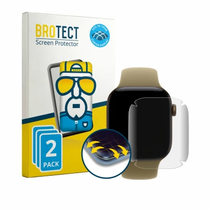 Front side of a product packaging with the brand logo BROTECT. Next to it is the device Apple Watch Series 12 (42 mm) shown wi