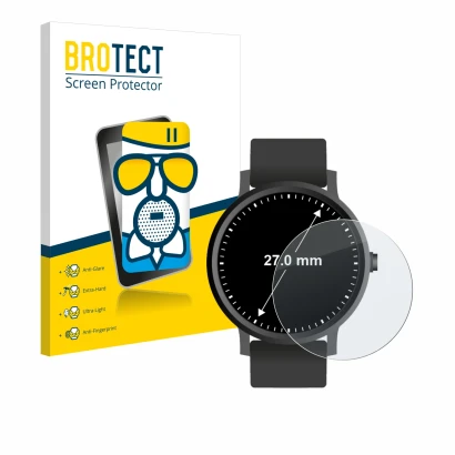 Front side of a product packaging with the brand logo BROTECT. Next to it is the device Watches (Circular, ø: 27 mm) shown wit