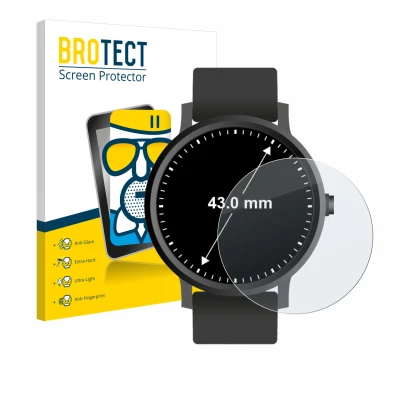 Front side of a product packaging with the brand logo BROTECT. Next to it is the device Watches (Circular, ø: 43 mm) shown wit
