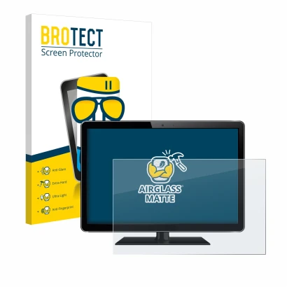 Front side of a product packaging with the brand logo BROTECT. Next to it is the device shown with the corresponding screen pr