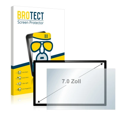 Front side of a product packaging with the brand logo BROTECT. Next to it is the device shown with the corresponding screen pr