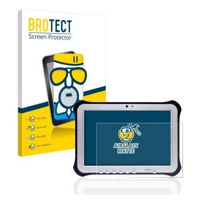 Front side of a product packaging with the brand logo BROTECT. Next to it is the device Panasonic Toughpad FZ-G1 shown with th