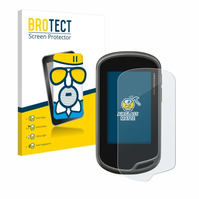 Front side of a product packaging with the brand logo BROTECT. Next to it is the device Garmin Oregon 600 shown with the corre