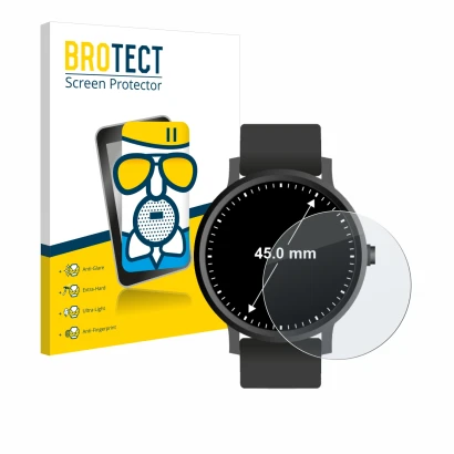 Front side of a product packaging with the brand logo BROTECT. Next to it is the device Watches (Circular, ø: 45 mm) shown wit