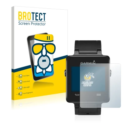 Front side of a product packaging with the brand logo BROTECT. Next to it is the device Garmin vivoactive shown with the corre
