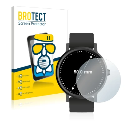 Front side of a product packaging with the brand logo BROTECT. Next to it is the device Watches (Circular, ø: 50 mm) shown wit