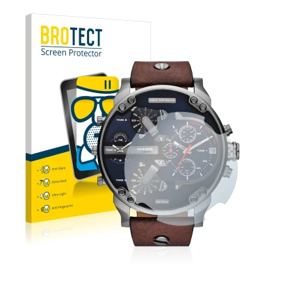 Front side of a product packaging with the brand logo BROTECT. Next to it is the device Diesel DZ7314 Mr. Daddy shown with the