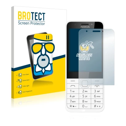 Front side of a product packaging with the brand logo BROTECT. Next to it is the device Nokia 230 shown with the corresponding