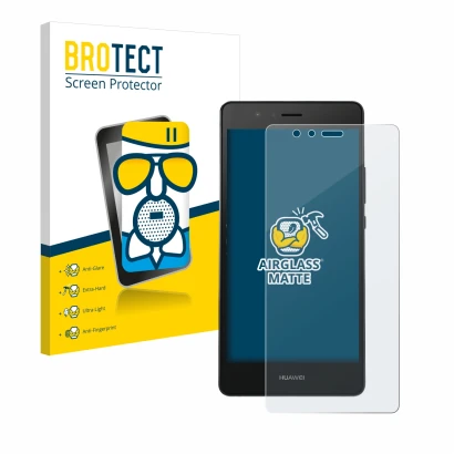 Front side of a product packaging with the brand logo BROTECT. Next to it is the device Huawei P9 shown with the corresponding