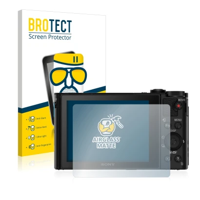 Front side of a product packaging with the brand logo BROTECT. Next to it is the device Sony Cyber-Shot DSC-HX80 shown with th