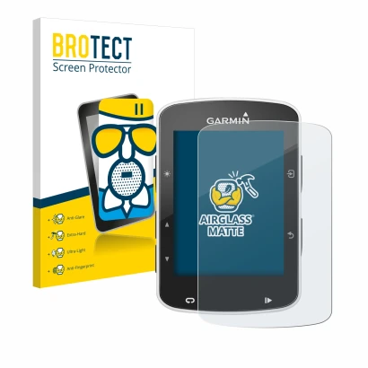 Front side of a product packaging with the brand logo BROTECT. Next to it is the device Garmin Edge 820 shown with the corresp