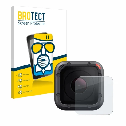 Front side of a product packaging with the brand logo BROTECT. Next to it is the device GoPro Hero 5 Session Lens (housing) sh