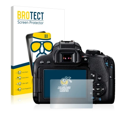 Front side of a product packaging with the brand logo BROTECT. Next to it is the device Canon EOS 800D shown with the correspo