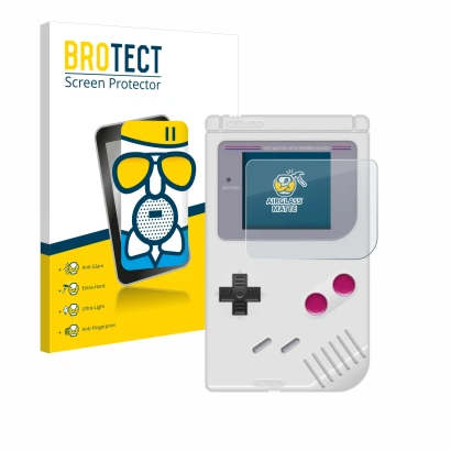 Front side of a product packaging with the brand logo BROTECT. Next to it is the device Nintendo Gameboy (1989) shown with the