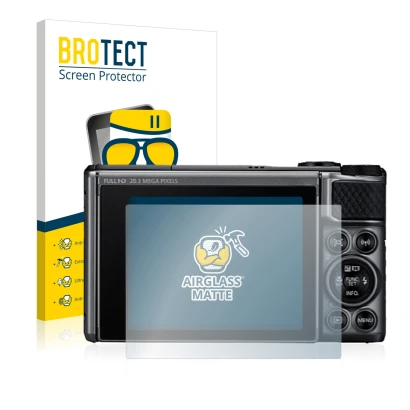 Front side of a product packaging with the brand logo BROTECT. Next to it is the device Canon PowerShot SX730 HS shown with th