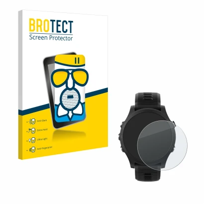 Front side of a product packaging with the brand logo BROTECT. Next to it is the device Garmin Forerunner 935 shown with the c