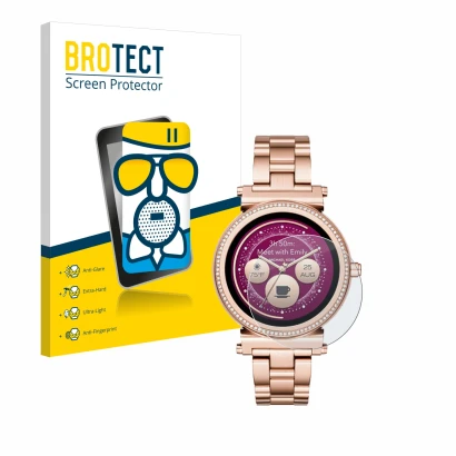 Front side of a product packaging with the brand logo BROTECT. Next to it is the device Michael Kors Access Sofie shown with t