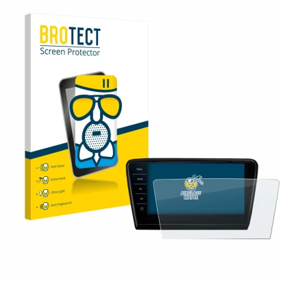 Front side of a product packaging with the brand logo BROTECT. Next to it is the device Skoda Octavia 2017 Infotainment System