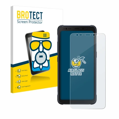 Front side of a product packaging with the brand logo BROTECT. Next to it is the device Samsung Galaxy S8 Active shown with th