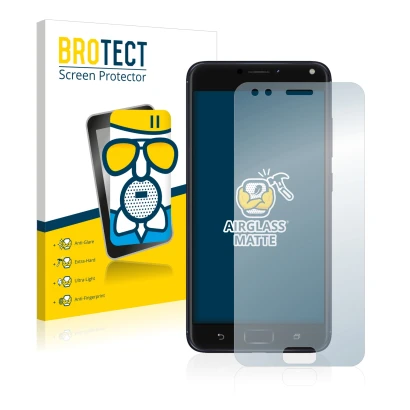 Front side of a product packaging with the brand logo BROTECT. Next to it is the device ASUS ZenFone 4 ZE554KL shown with the 