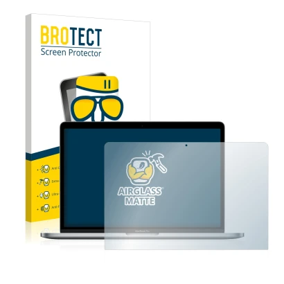 Front side of a product packaging with the brand logo BROTECT. Next to it is the device Apple MacBook Pro 13" 2017 shown with 