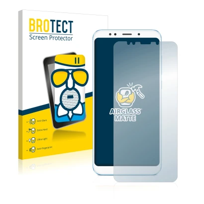 Front side of a product packaging with the brand logo BROTECT. Next to it is the device Xiaomi Redmi 5 Plus shown with the cor