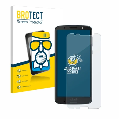 Front side of a product packaging with the brand logo BROTECT. Next to it is the device Motorola Moto G6 Plus shown with the c