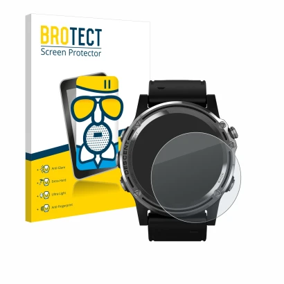 Front side of a product packaging with the brand logo BROTECT. Next to it is the device Garmin Descent Mk1 shown with the corr