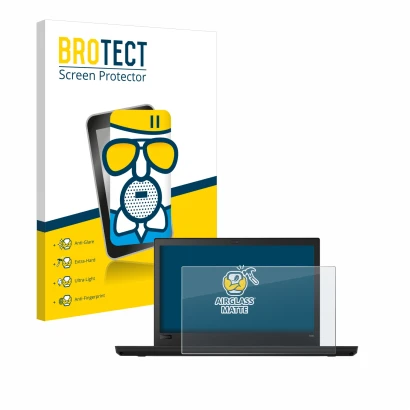 Front side of a product packaging with the brand logo BROTECT. Next to it is the device Lenovo ThinkPad T480 shown with the co