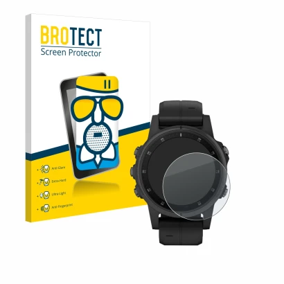 Front side of a product packaging with the brand logo BROTECT. Next to it is the device Garmin Fenix 5S Plus (42 mm) shown wit