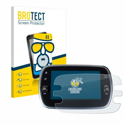 Front side of a product packaging with the brand logo BROTECT. Next to it is the device Fiat 500X 2016-2019 Uconnet 7" shown w