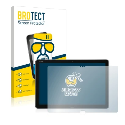 Front side of a product packaging with the brand logo BROTECT. Next to it is the device Huawei MediaPad M5 Lite 10.1" shown wi