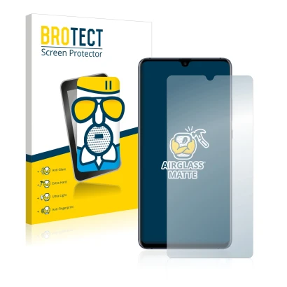 Front side of a product packaging with the brand logo BROTECT. Next to it is the device Huawei Mate 20 X shown with the corres