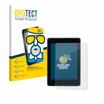 Front side of a product packaging with the brand logo BROTECT. Next to it is the device Amazon Kindle Paperwhite 2018 (10th Ge