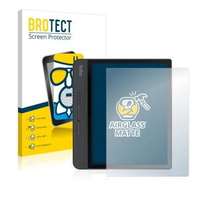 Front side of a product packaging with the brand logo BROTECT. Next to it is the device Kobo Forma shown with the correspondin