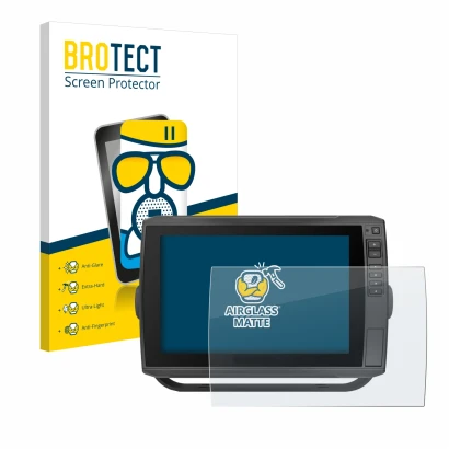 Front side of a product packaging with the brand logo BROTECT. Next to it is the device Garmin ECHOMAP Ultra 102sv shown with 