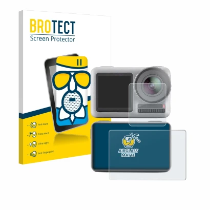 Front side of a product packaging with the brand logo BROTECT. Next to it is the device DJI Osmo Action shown with the corresp