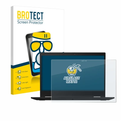 Front side of a product packaging with the brand logo BROTECT. Next to it is the device Lenovo ThinkPad X390 Yoga shown with t