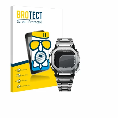 Front side of a product packaging with the brand logo BROTECT. Next to it is the device Casio G-Shock GMW-B5000D-1ER shown wit